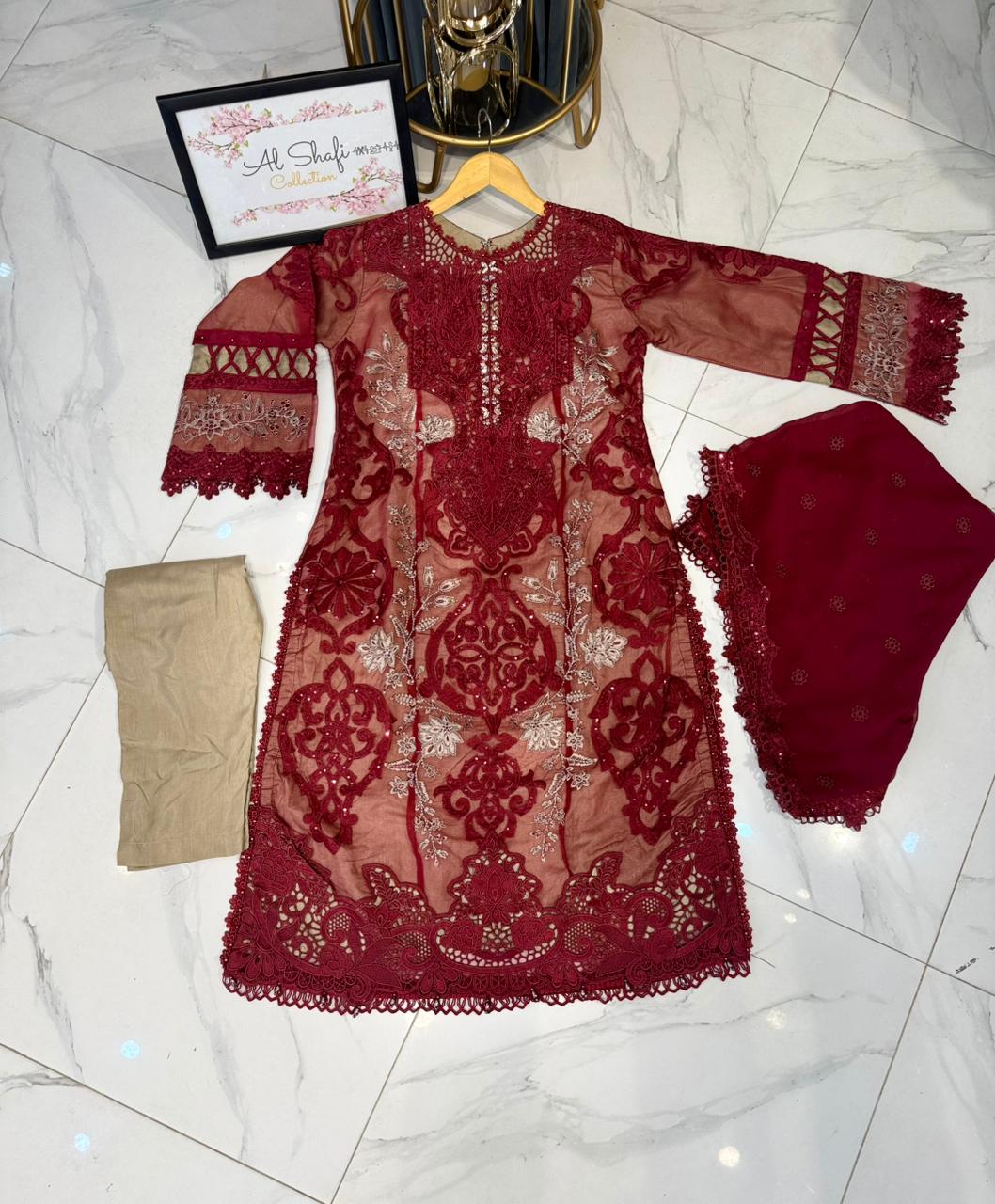 Elegant 3-Piece Stitched Embroidered Organza Suit – Royal Silk Inner with Chiffon Dupatta