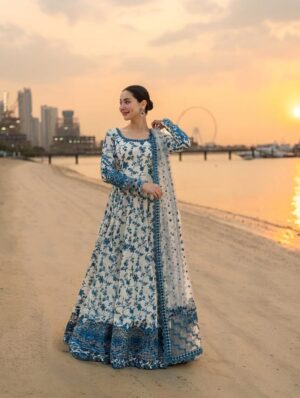Stitched Indigo Floral Embroidered Cotton-Lawn Frock