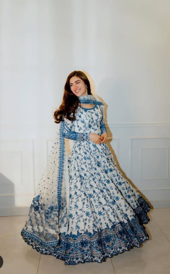 Stitched Indigo Floral Embroidered Cotton-Lawn Frock